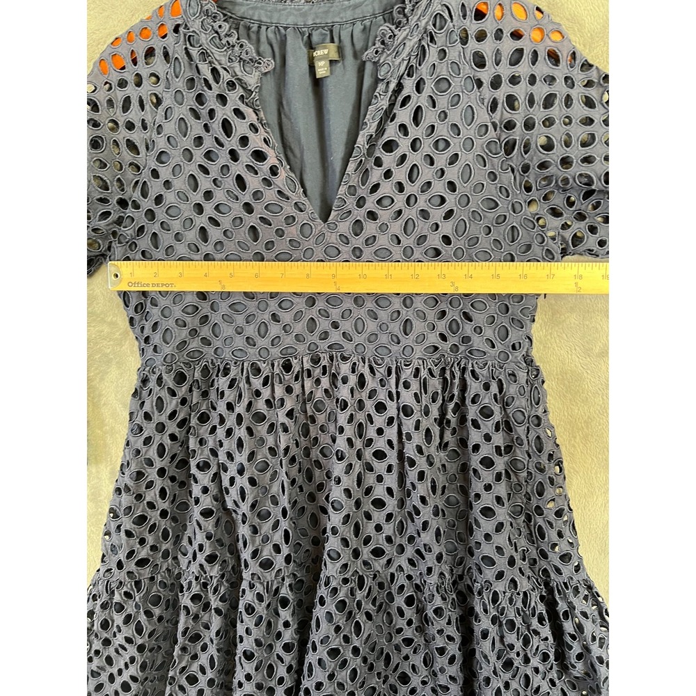 J Crew Tiered Embroidered Eyelet Dress Medium Navy Blue Mini Popover - Picture 3 of 10